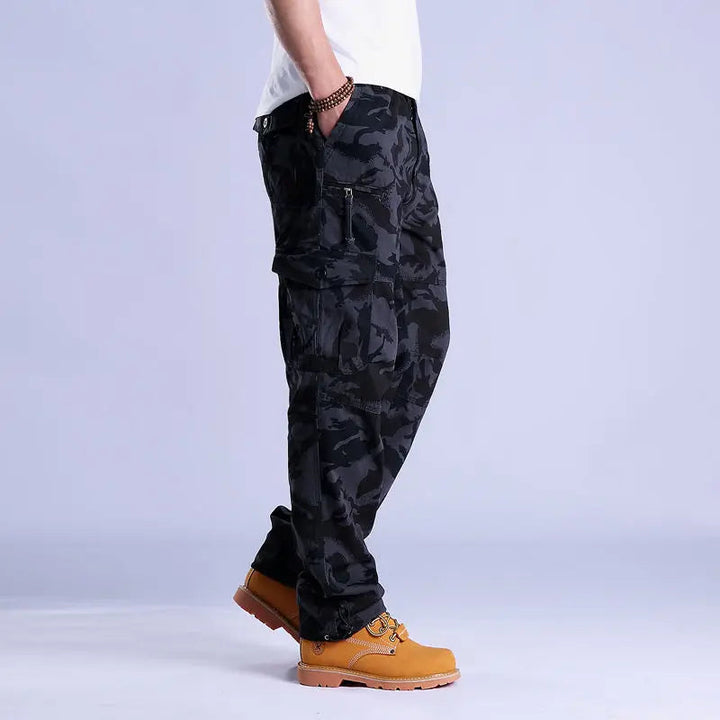 Herren Ripstop Cargo Hose - Robuste Arbeitshose mit Taschen - Schwarz Camouflage