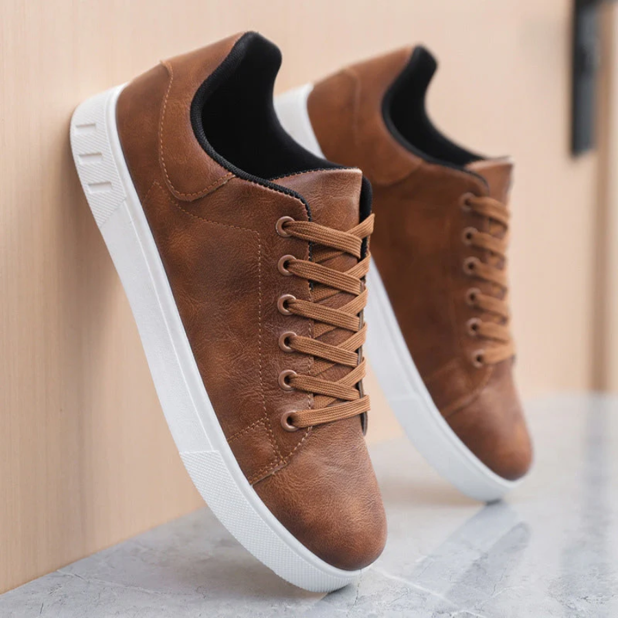 Herren Schnürschuhe Sneaker - Casual Leder-Look mit Kontrastsohle - Braun