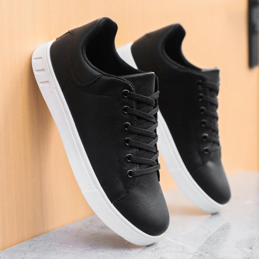 Herren Schnürschuhe Sneaker - Casual Leder-Look mit Kontrastsohle - Schwarz
