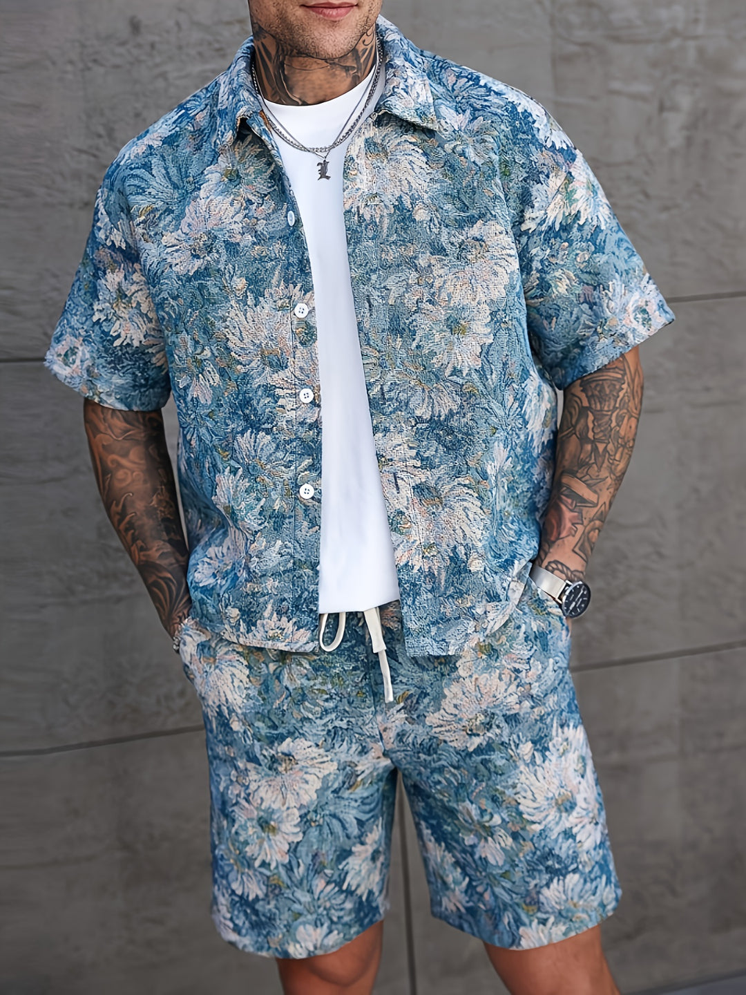 Herren Set | Blumenmuster Shirt & Shorts | Kurze Ärmel & Lockere Passform | Sommer Casual