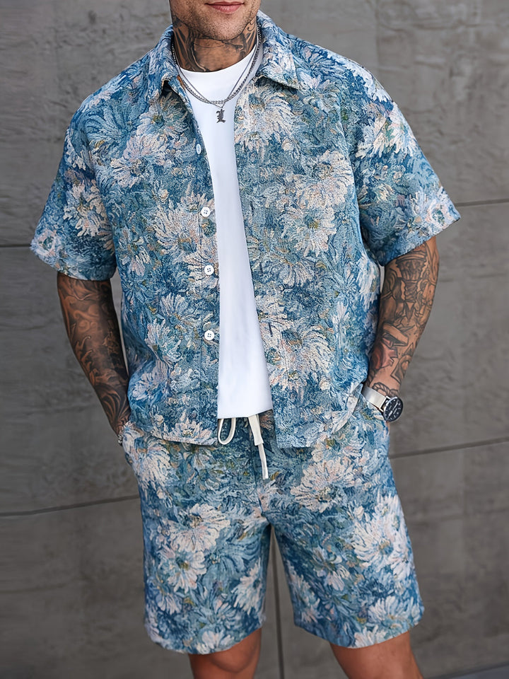 Herren Set | Blumenmuster Shirt & Shorts | Kurze Ärmel & Lockere Passform | Sommer Casual