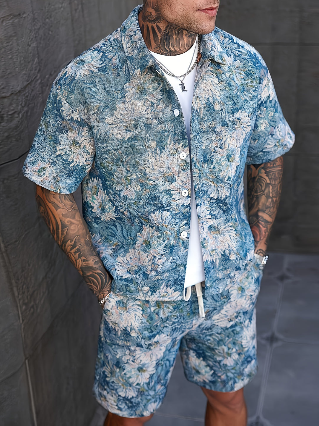 Herren Set | Blumenmuster Shirt & Shorts | Kurze Ärmel & Lockere Passform | Sommer Casual