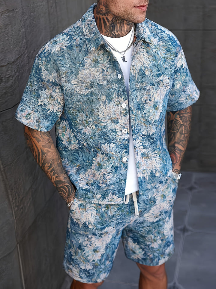 Herren Set | Blumenmuster Shirt & Shorts | Kurze Ärmel & Lockere Passform | Sommer Casual