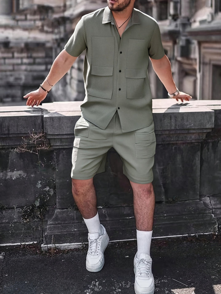 Herren Set | Casual Shirt & Shorts mit Seitentaschen | Lockere Passform & Polyester | Sommer