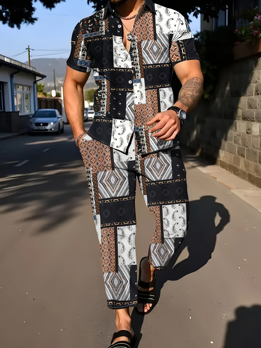 Herren Set | Geometrisches Muster 2-teiliges Set | Kurzarmshirt & Hose für den Sommer