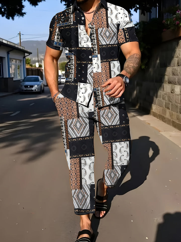 Herren Set | Geometrisches Muster 2-teiliges Set | Kurzarmshirt & Hose für den Sommer