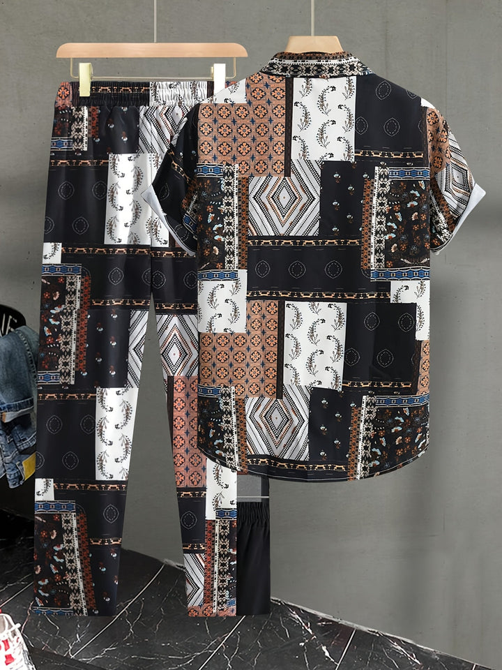 Herren Set | Geometrisches Muster 2-teiliges Set | Kurzarmshirt & Hose für den Sommer