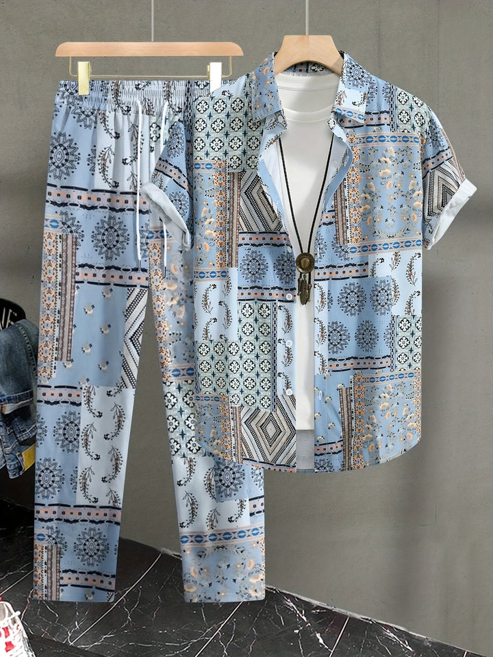 Herren Set | Geometrisches Muster 2-teiliges Set | Kurzarmshirt & Hose für den Sommer