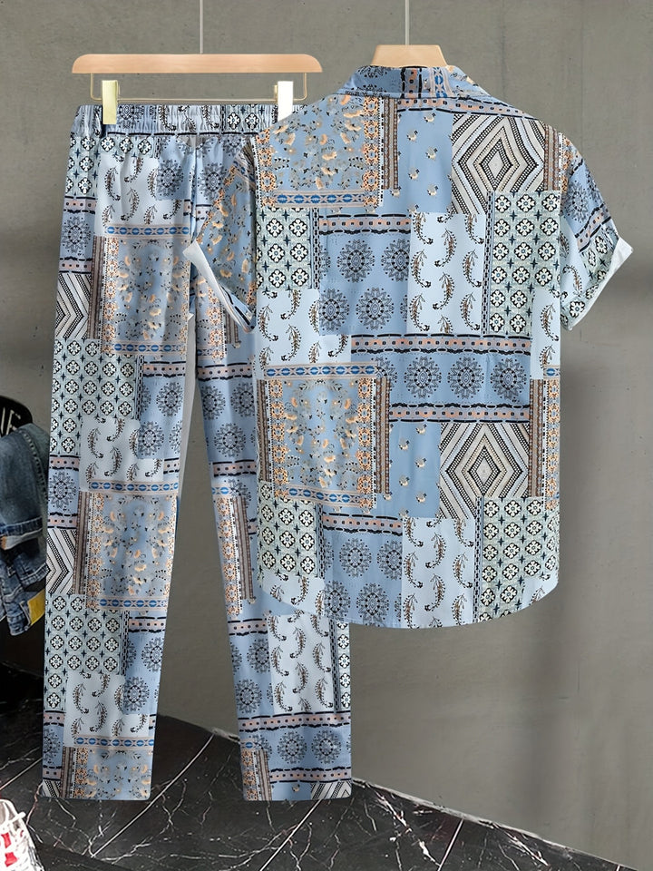 Herren Set | Geometrisches Muster 2-teiliges Set | Kurzarmshirt & Hose für den Sommer