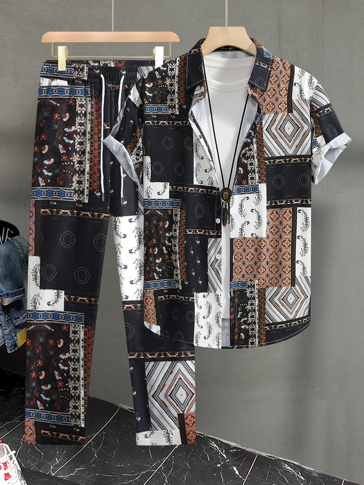 Herren Set | Geometrisches Muster 2-teiliges Set | Kurzarmshirt & Hose für den Sommer