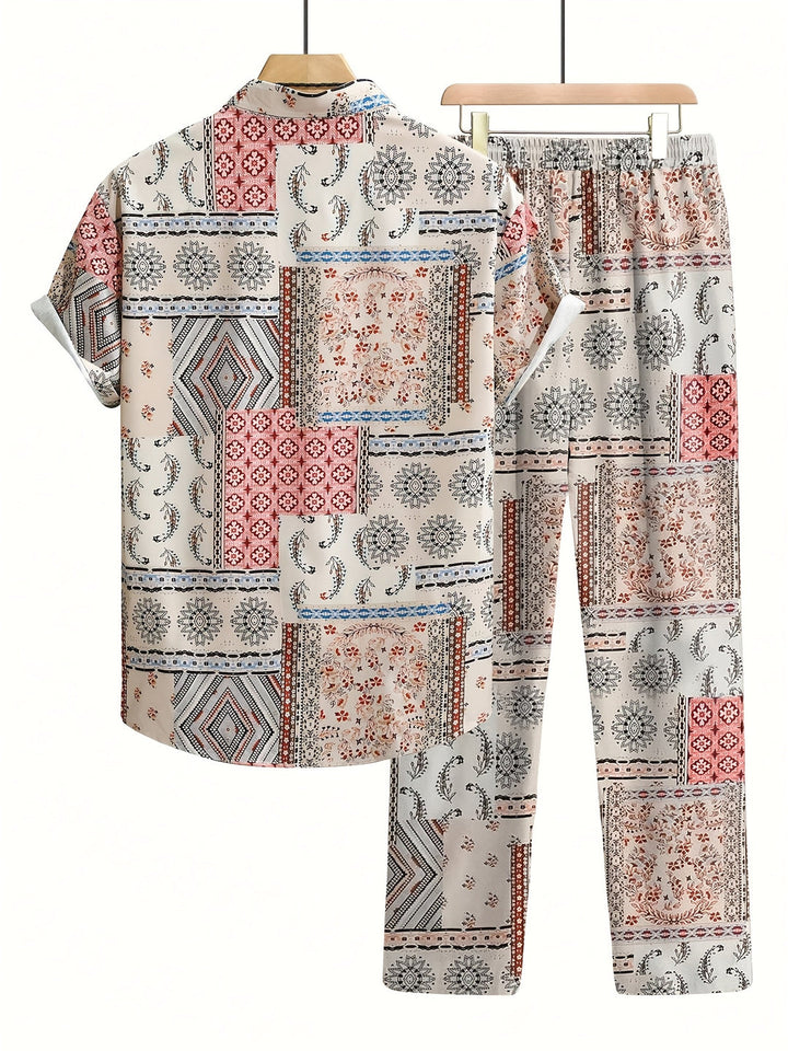 Herren Set | Geometrisches Muster 2-teiliges Set | Kurzarmshirt & Hose für den Sommer
