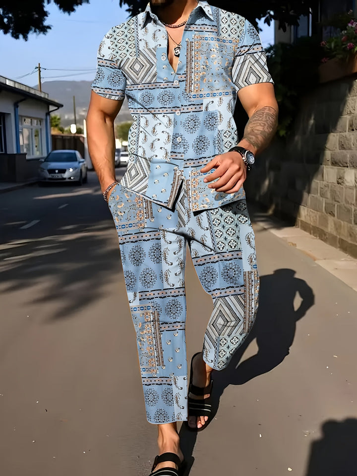 Herren Set | Geometrisches Muster 2-teiliges Set | Kurzarmshirt & Hose für den Sommer
