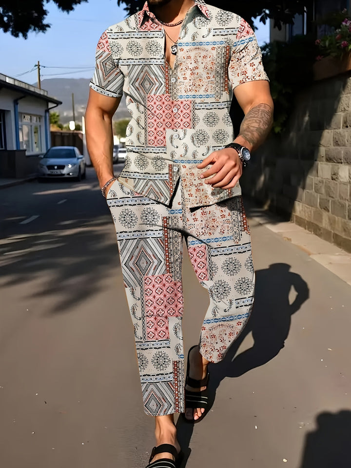 Herren Set | Geometrisches Muster 2-teiliges Set | Kurzarmshirt & Hose für den Sommer