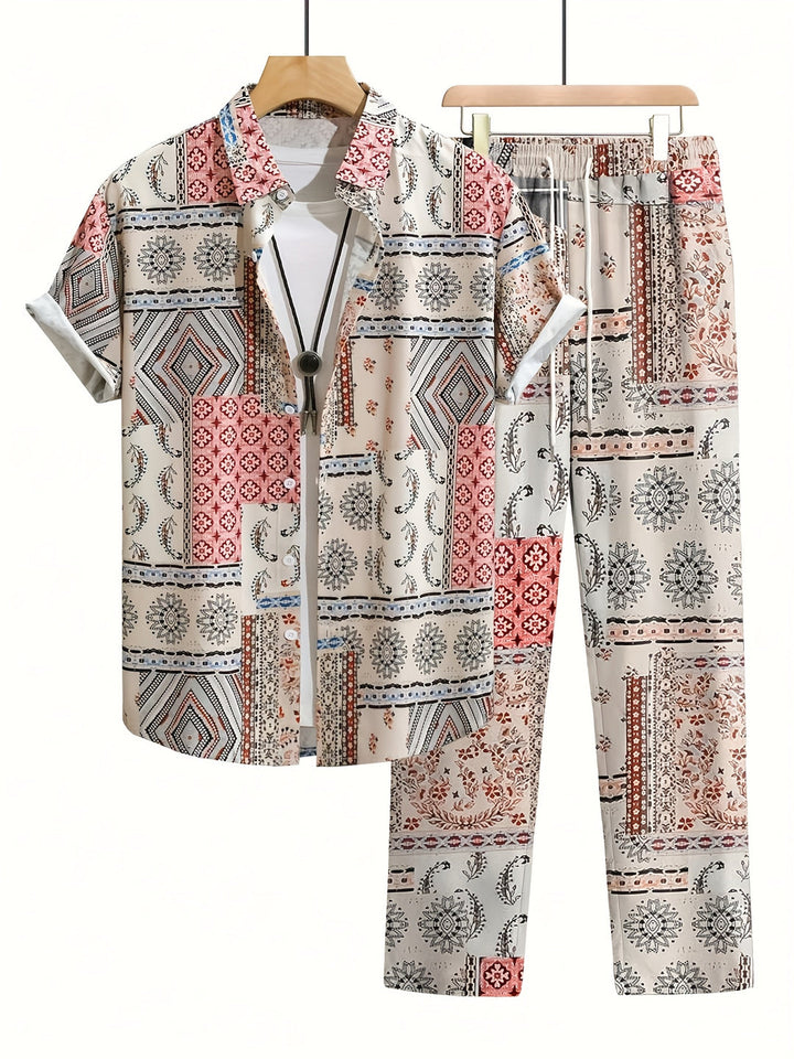Herren Set | Geometrisches Muster 2-teiliges Set | Kurzarmshirt & Hose für den Sommer