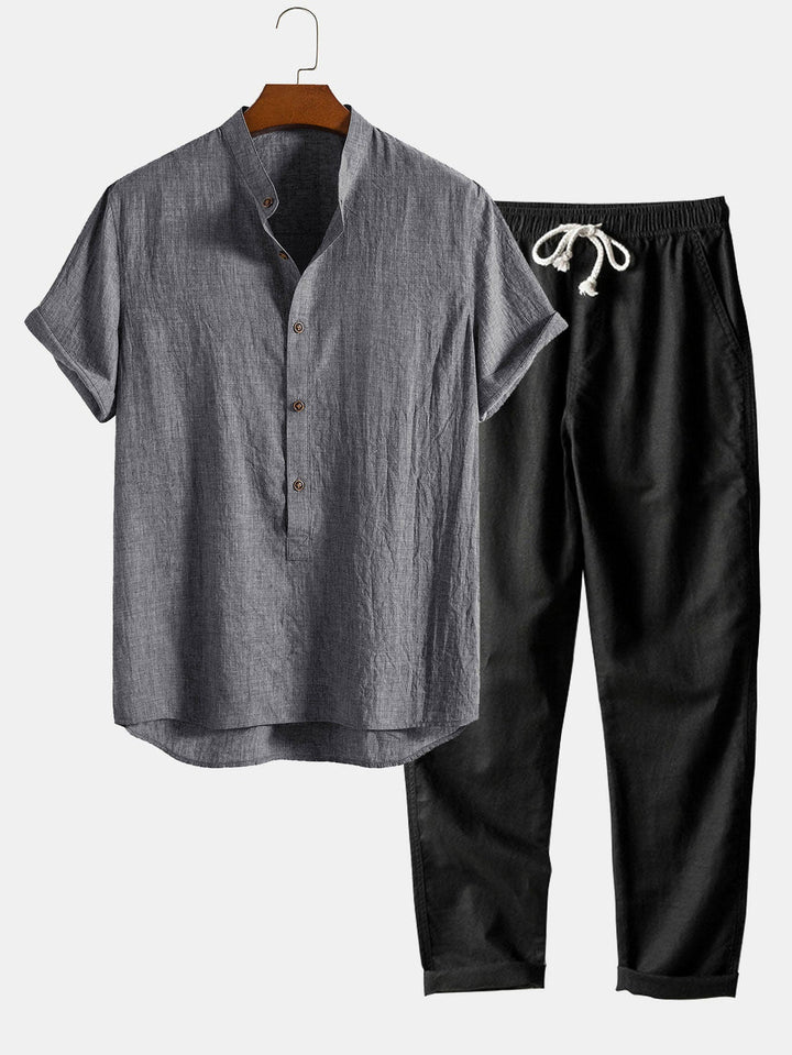 Herren Set | Kurzarmshirt & Hose | Atmungsaktiv & Lässig | Leinenmix & Baumwolle