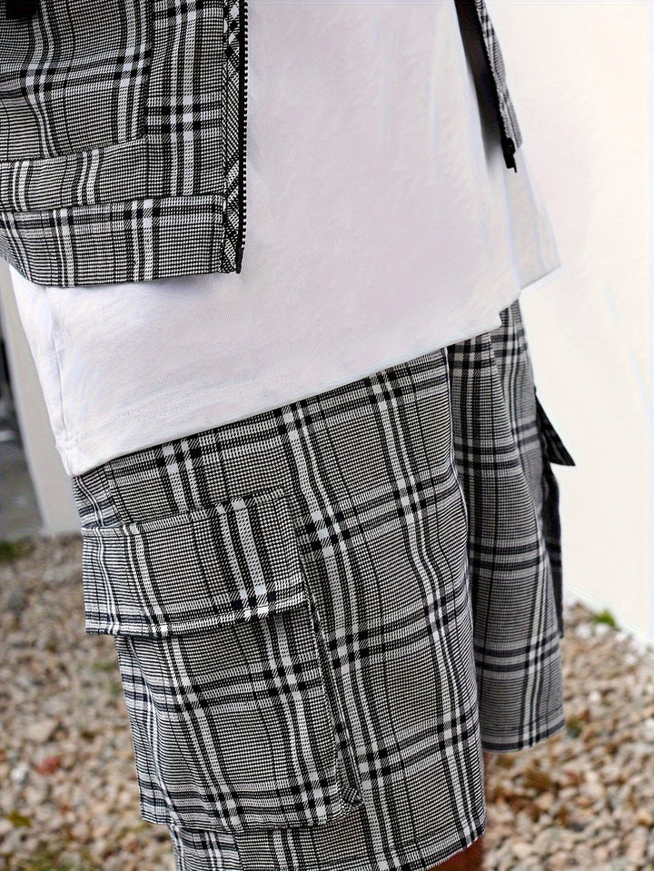 Herren Set | Lässige Karoveste & Shorts | Atmungsaktives Polyester | Sommermode mit Taschen