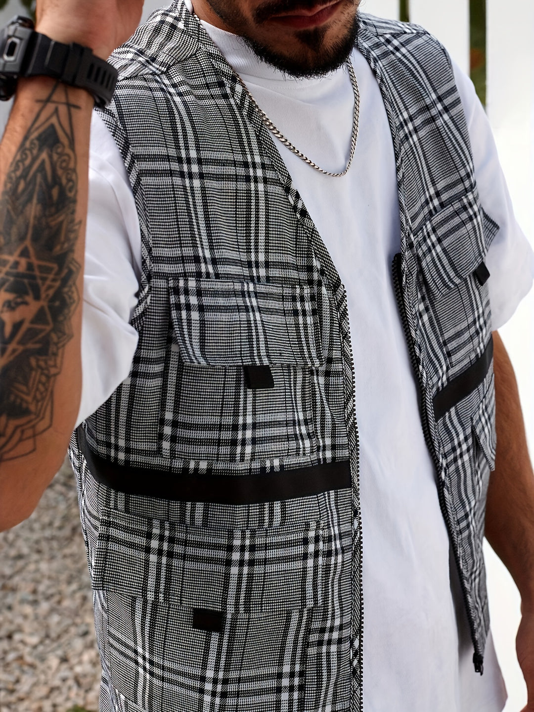 Herren Set | Lässige Karoveste & Shorts | Atmungsaktives Polyester | Sommermode mit Taschen