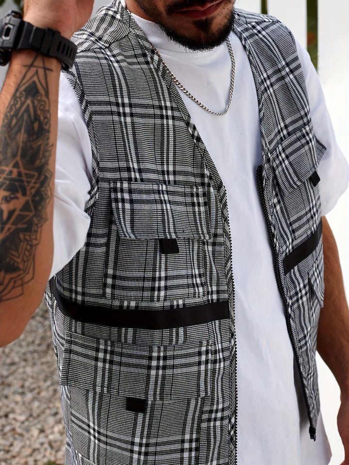 Herren Set | Lässige Karoveste & Shorts | Atmungsaktives Polyester | Sommermode mit Taschen