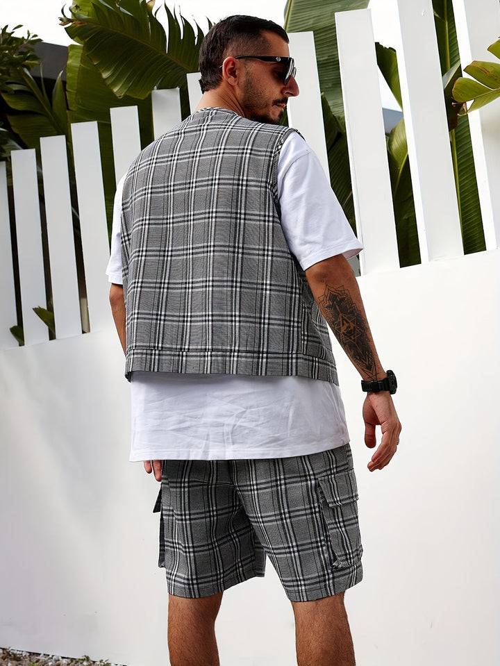 Herren Set | Lässige Karoveste & Shorts | Atmungsaktives Polyester | Sommermode mit Taschen