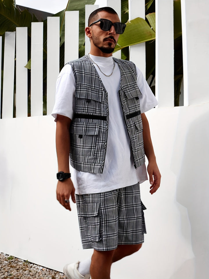 Herren Set | Lässige Karoveste & Shorts | Atmungsaktives Polyester | Sommermode mit Taschen