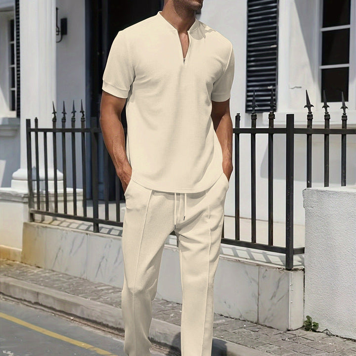 Herren Set | Lässiges Zwei-Teiliges Set | Graues V-Ausschnitt T-Shirt & Hose mit Taschen