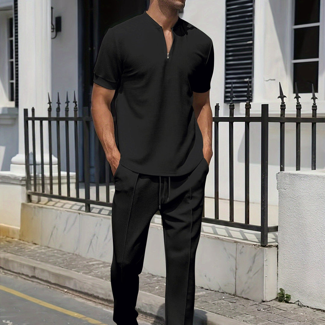 Herren Set | Lässiges Zwei-Teiliges Set | Graues V-Ausschnitt T-Shirt & Hose mit Taschen