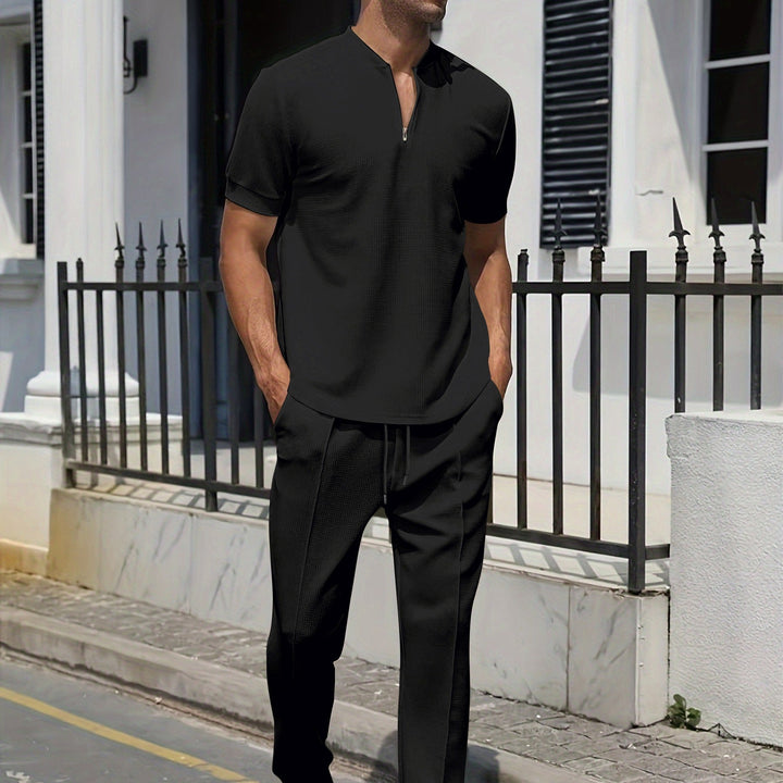 Herren Set | Lässiges Zwei-Teiliges Set | Graues V-Ausschnitt T-Shirt & Hose mit Taschen