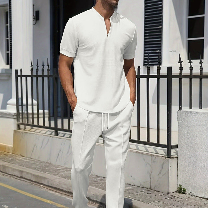 Herren Set | Lässiges Zwei-Teiliges Set | Graues V-Ausschnitt T-Shirt & Hose mit Taschen