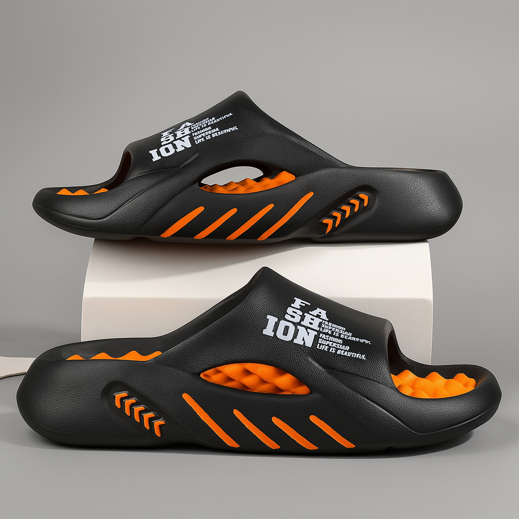 Herren Slide Sandalen mit Fußbett - Leichte Sommerschuhe - Schwarz