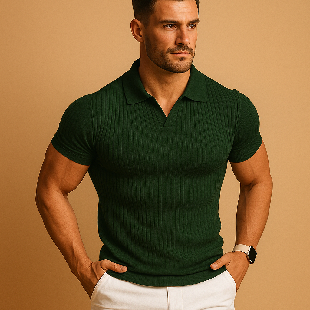 Herren Slim-Fit Poloshirt mit V-Ausschnitt - Elegante Casual Eleganz - Grün