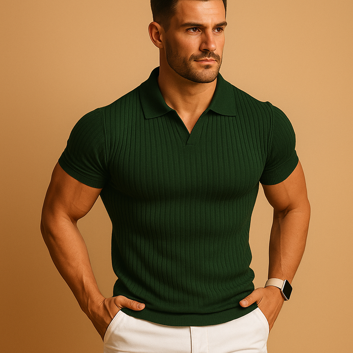 Herren Slim-Fit Poloshirt mit V-Ausschnitt - Elegante Casual Eleganz - Grün