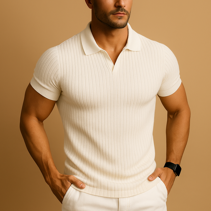 Herren Slim-Fit Poloshirt mit V-Ausschnitt - Elegante Casual Eleganz - Weiß
