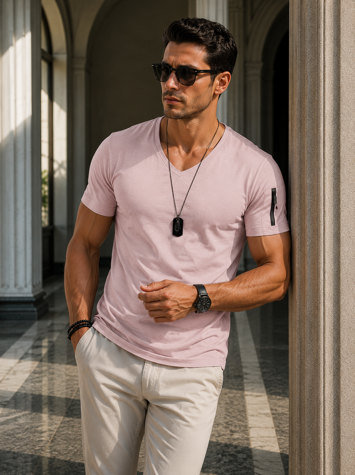 Herren Slim-Fit T-Shirt mit Reißverschluss-Tasche - Kurzarm V-Ausschni - Rosa