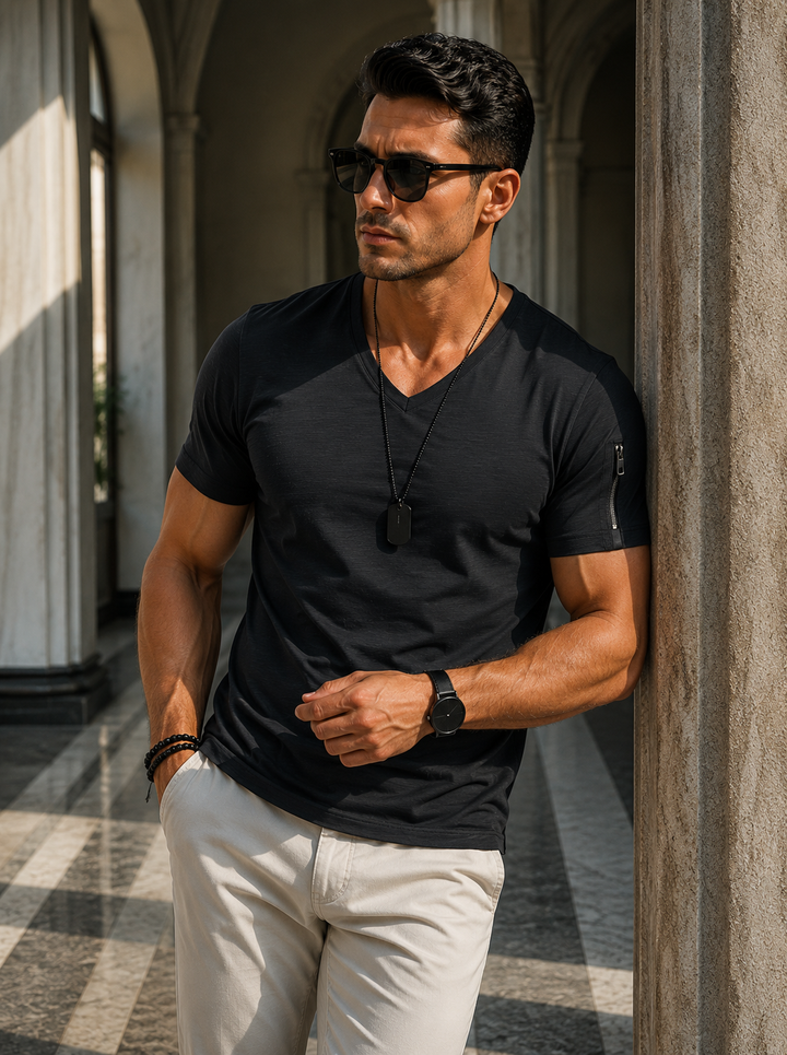 Herren Slim-Fit T-Shirt mit Reißverschluss-Tasche - Kurzarm V-Ausschni - Schwarz