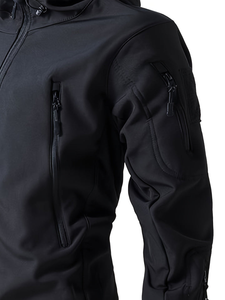 Herren Slim-Fit Taktische Hoodie Jacke | Soft Shell | Mehrere Taschen | Einheitliches Schwarz