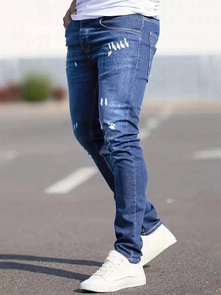 Herren Slim-Fit Zerrissene Jeans | Robuster Denim | Lässige Baumwollmischung mit Taschen