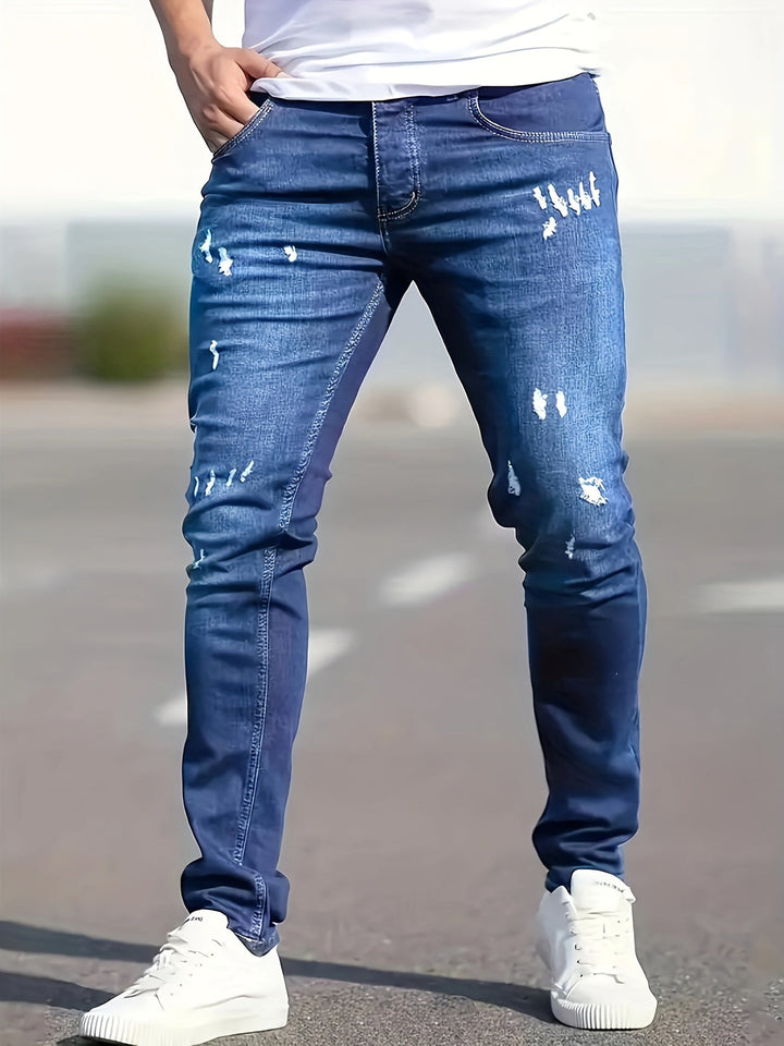 Herren Slim-Fit Zerrissene Jeans | Robuster Denim | Lässige Baumwollmischung mit Taschen