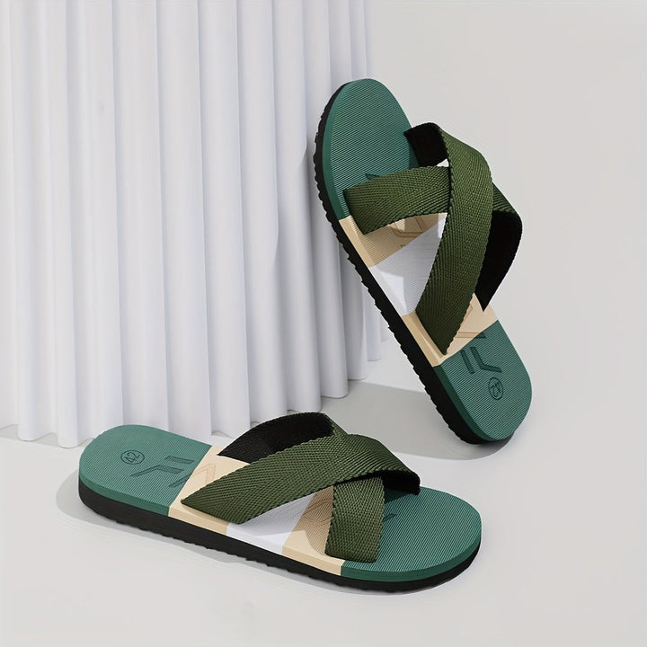 Herren Slipper | Offene Zehen & Atmungsaktiv | EVA Komfortsohle | Gestreiftes Textil