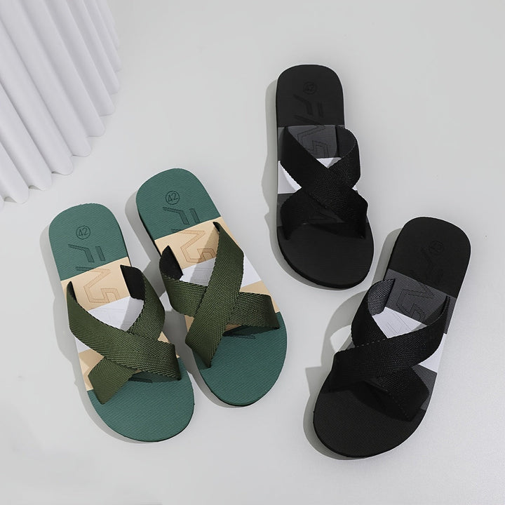 Herren Slipper | Offene Zehen & Atmungsaktiv | EVA Komfortsohle | Gestreiftes Textil
