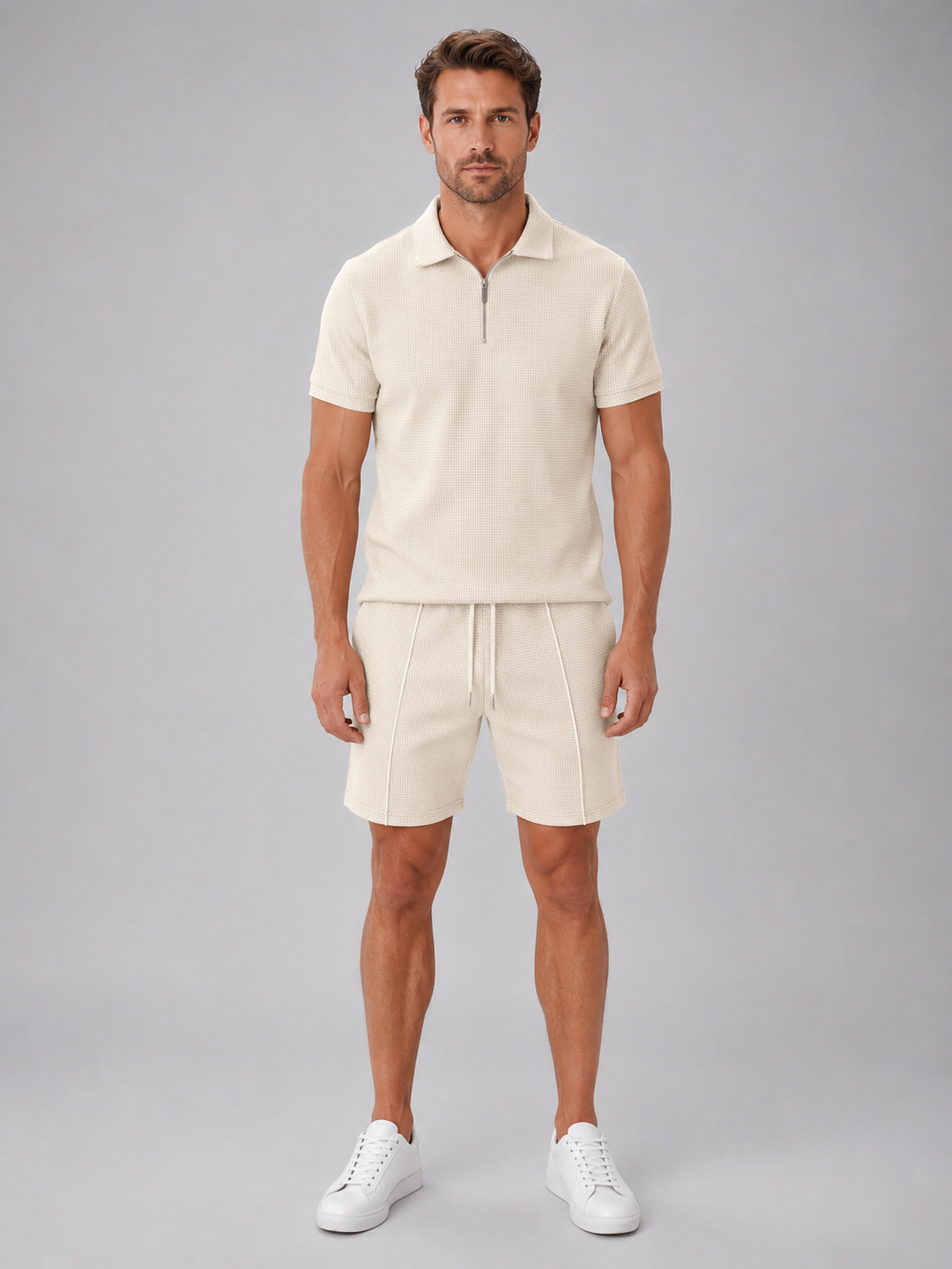 Herren Sommer Co-Ord Set – Poloshirt &amp; Shorts - Beige