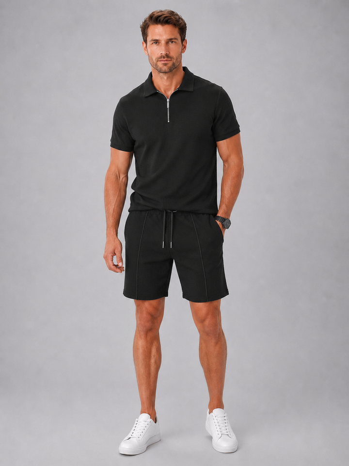 Herren Sommer Co-Ord Set – Poloshirt &amp; Shorts - Schwarz