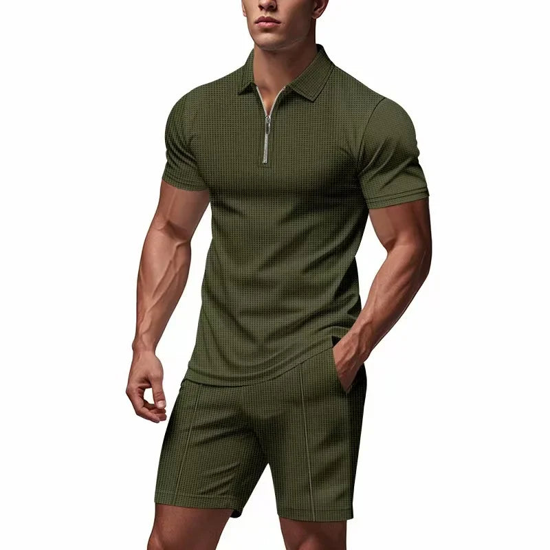 Herren Sommer-Set mit Reißverschluss - Figurfreundlicher Schnitt - Armeegrün