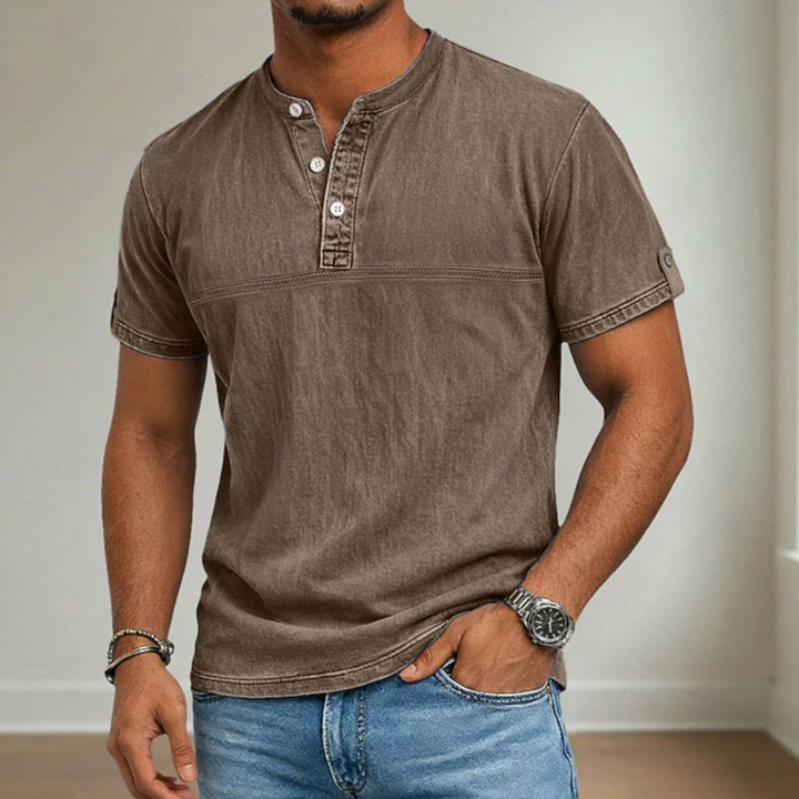 Herren Stehkragen Kurzarm Hemd - Moderner Sommerstil - Braun