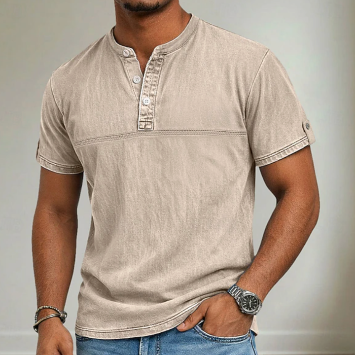 Herren Stehkragen Kurzarm Hemd - Moderner Sommerstil - Khaki
