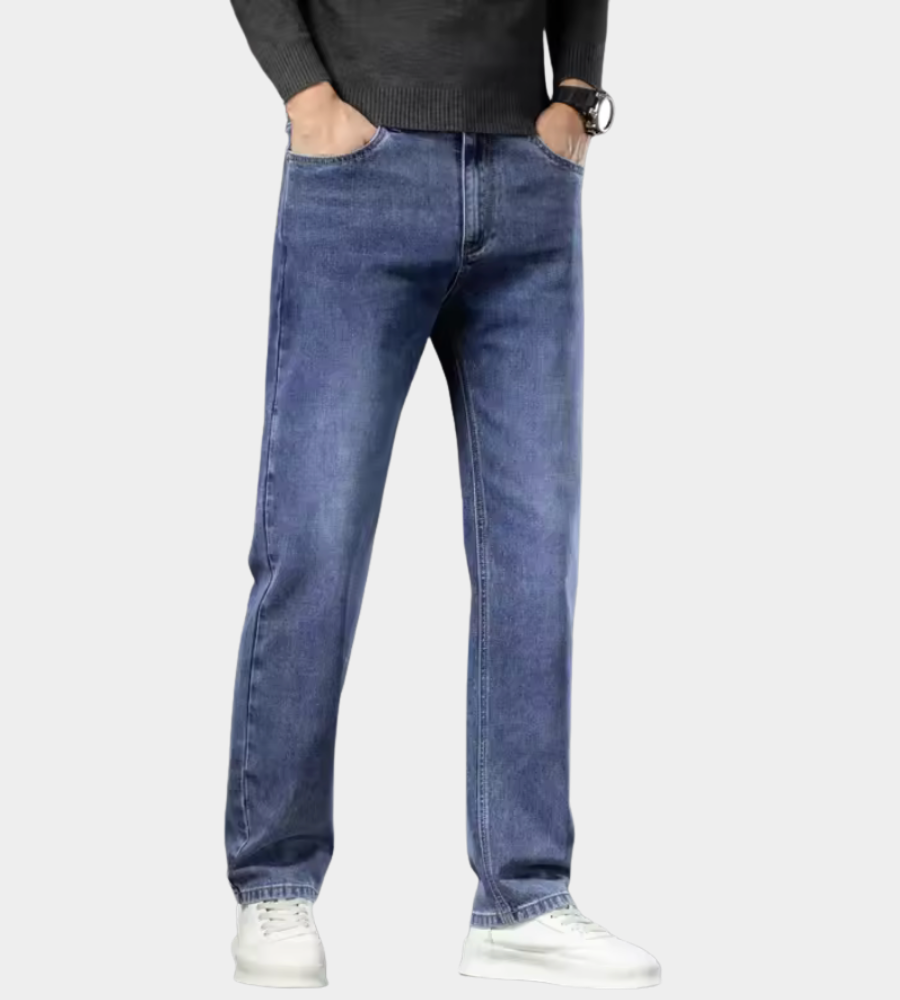 Herren Stretch-Jeans mit gerader Passform - Klassisches Blau - Blau-Weiß