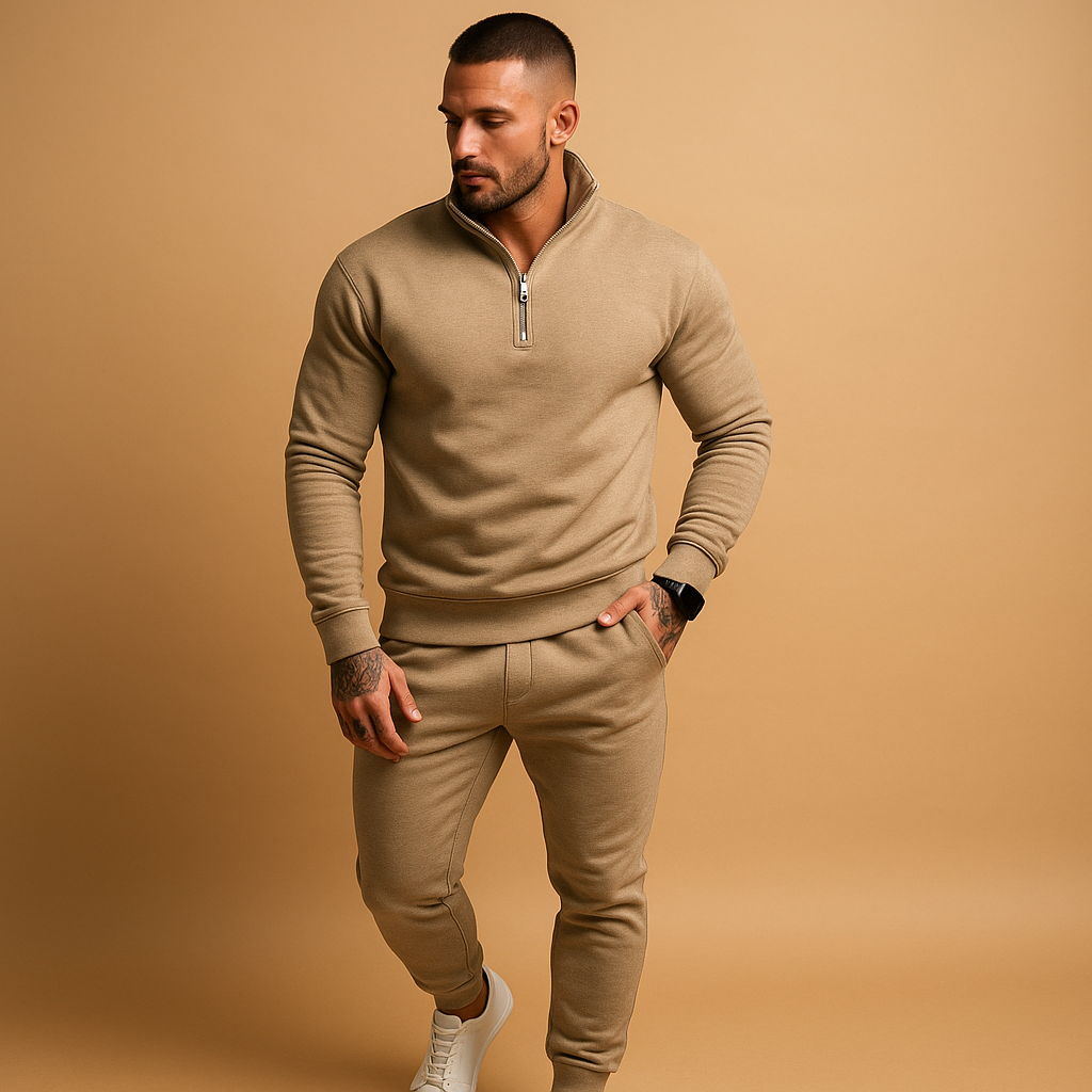 Herren Trainingsanzug mit Reißverschluss - Komfortables Jogging Set - Khaki