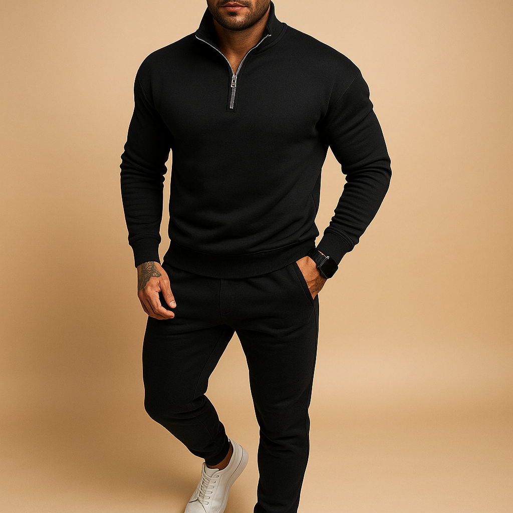 Herren Trainingsanzug mit Reißverschluss - Komfortables Jogging Set - Schwarz