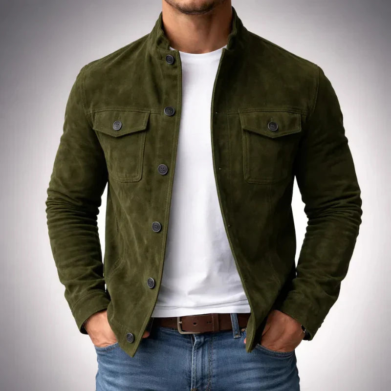 Herren Wildleder Jacke mit Brusttaschen - Klassischer Schnitt - Grün