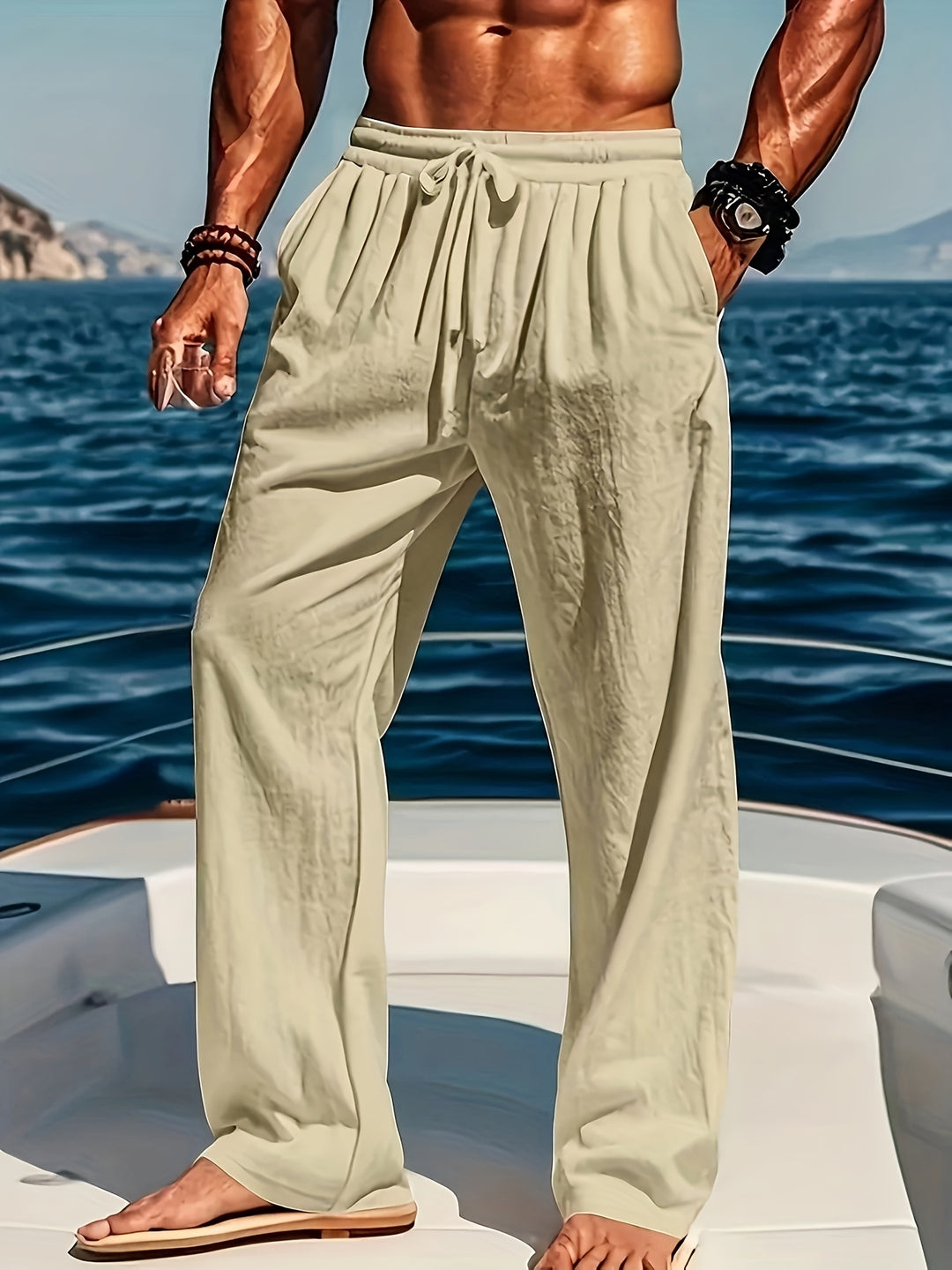 Herren Yoga- und Strandhose | Baumwolle-Leinen | Lockere Passform & Kordelzug | Atmungsaktiv & Komfortabel