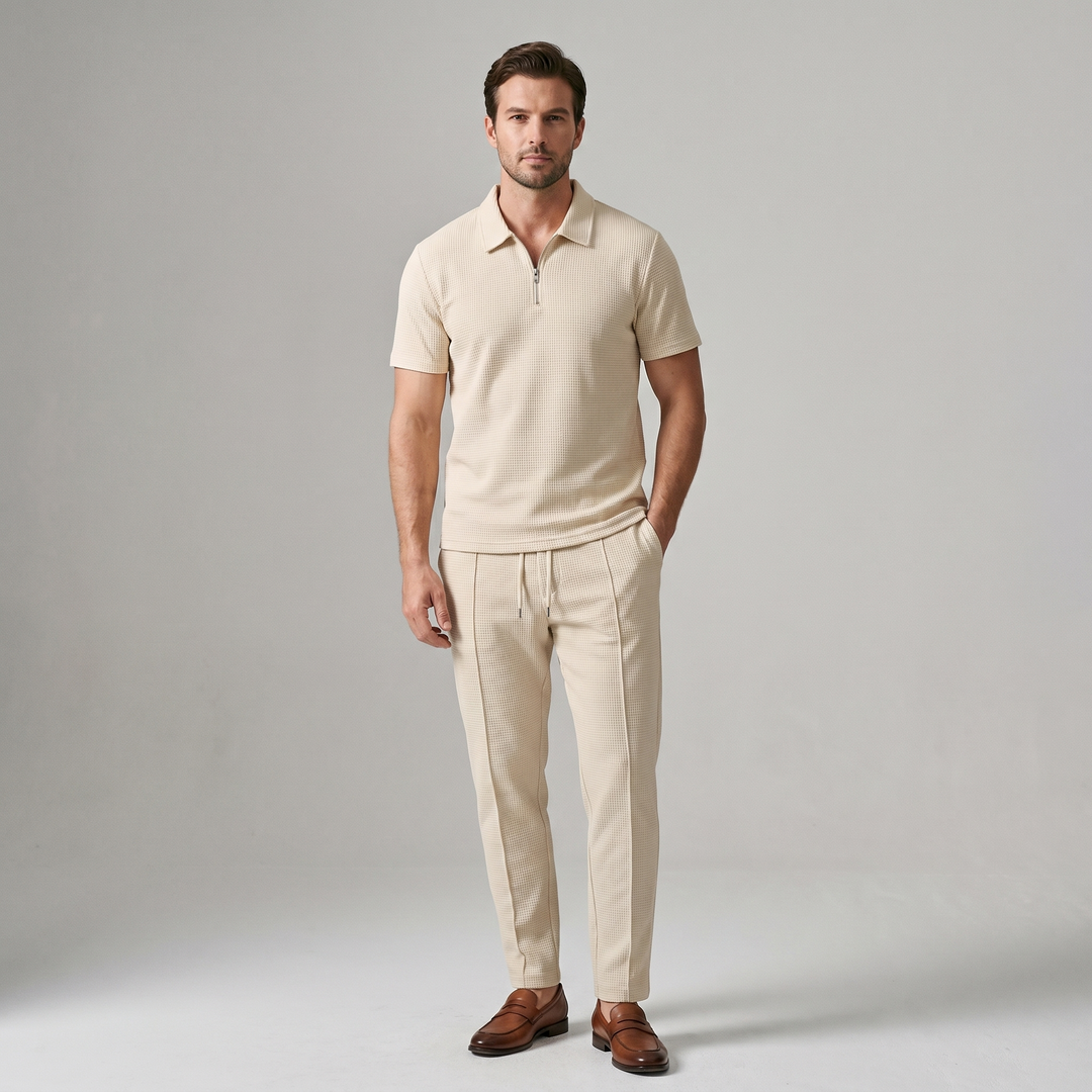 Herren Zweiteiler Set - Reißverschluss-Poloshirt und Hose - Beige